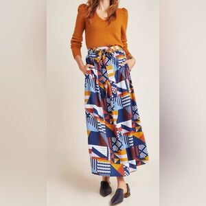 NWT Porridge Anthropologie Sofia Abstract Midi Skirt W/ Pockets & Belt Large